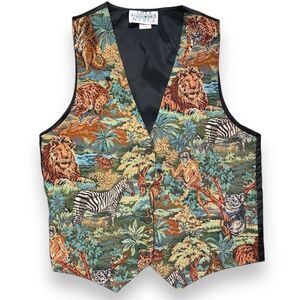 Vintage 90s Tailored Suit Vest Safari Animal Zebra Print Tan Tapestry Waistcoat